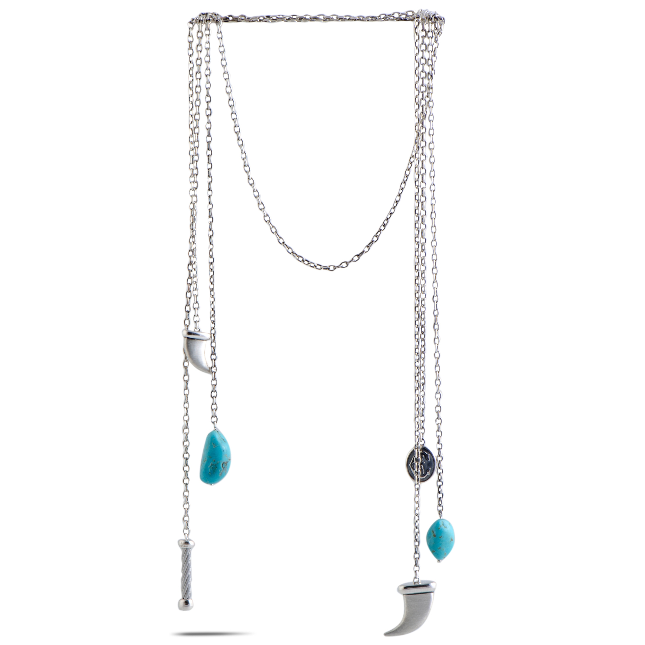 Charriol Kucha Stainless Steel Two Turquoise and Horn Pendants Open Ended Necklace 08-21-1095-01