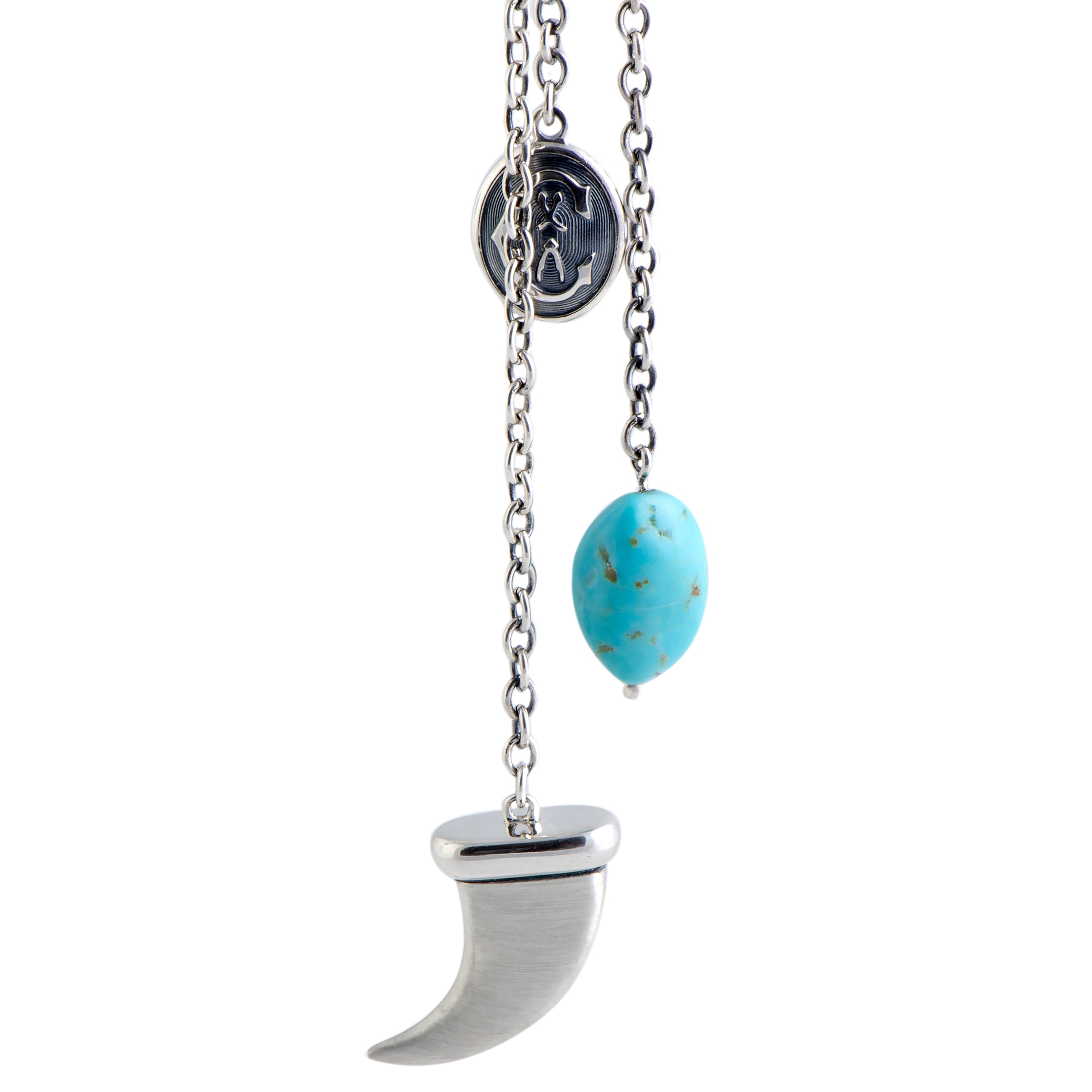 Charriol Kucha Stainless Steel Two Turquoise and Horn Pendants Open Ended Necklace 08-21-1095-01